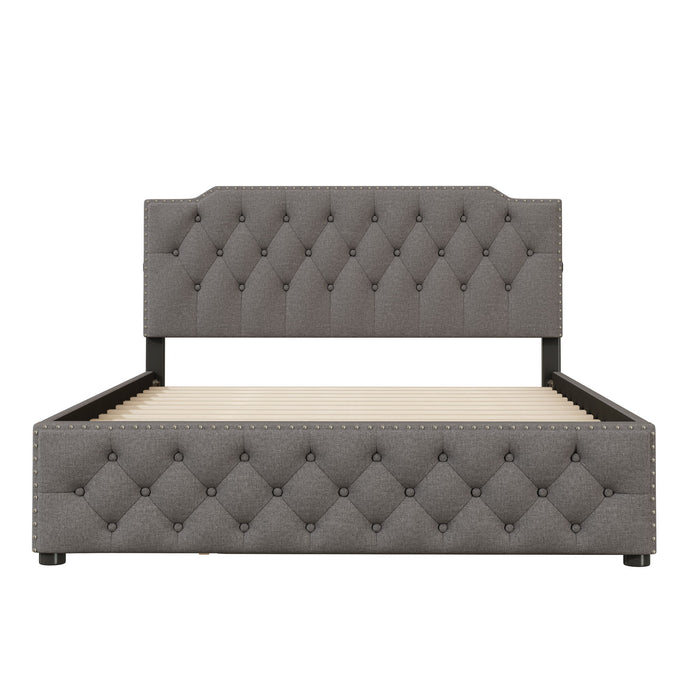 Upholstered Platform Bed With Trundle And 2 Sets Of USB Ports On Each Side, Linen Fabric