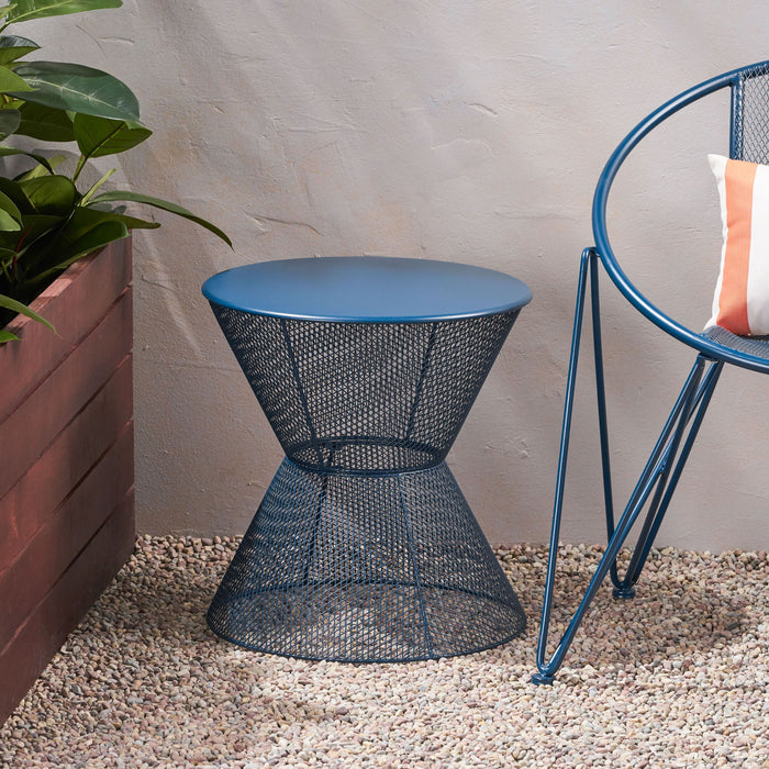 Zine - Outdoor Side Table With Hourglass Shaped And Iron Frame - Navy