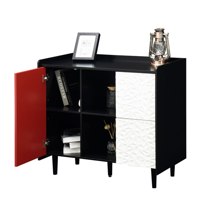 Modern Sideboard Buffet Cabinet With Red Doors And Unique Panel Styling