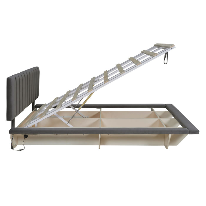 Upholstered Floating Hydrualic Platform Bed With LED Light And USB Port