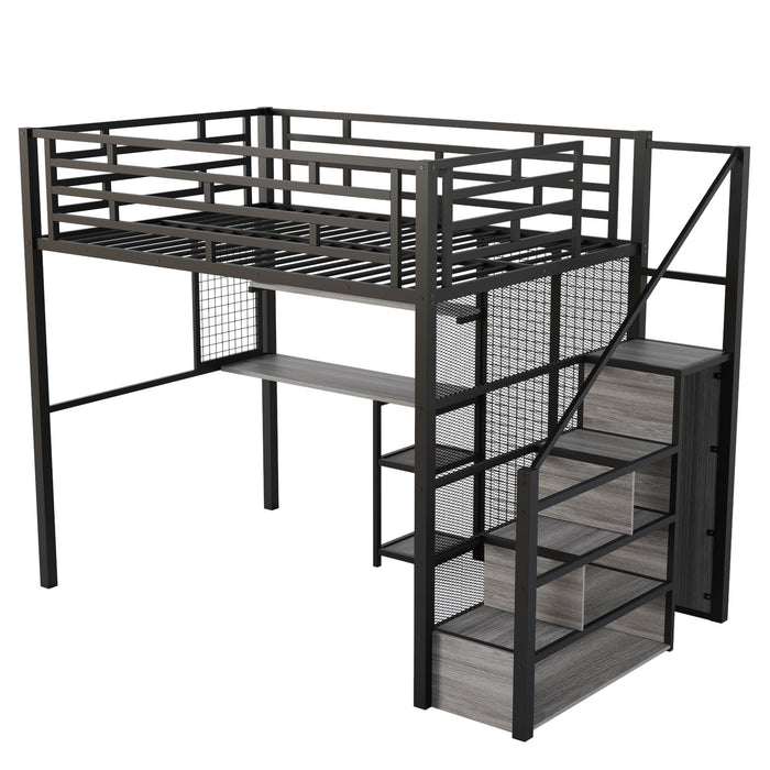 Metal Loft Bed With Wardrobe, Desk, Storage Shelves