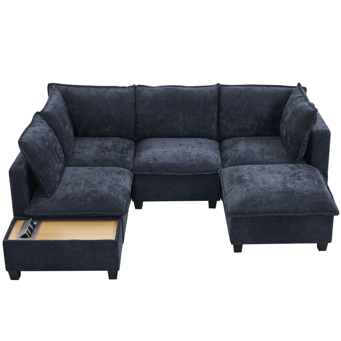 U-Shaped Sectional Modular Sofa With A Movable Ottoman, A Coffee Table With Hidden Charging Devices For Living Room
