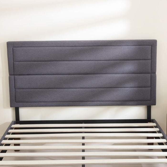 Upholstered Platform Bed Frame Queen / Headboad And Storage /Wood Slat Support / Dark Gray