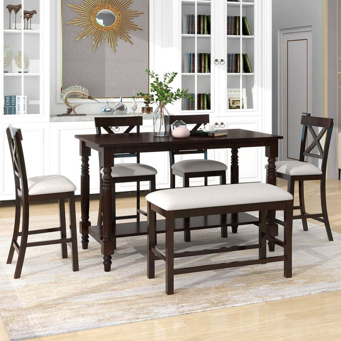 Counter Height Dining Set With Shelf, 4 Chairs And Bench
