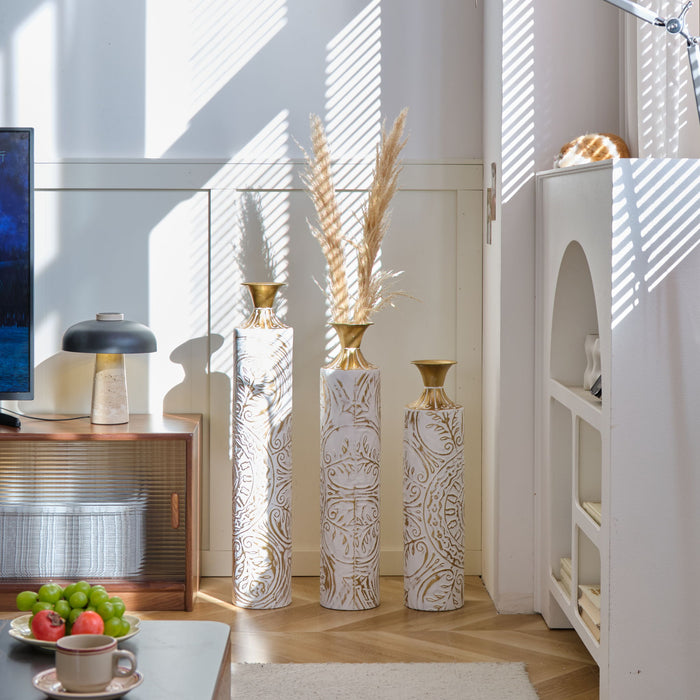 Floor Metal Vases Decorated Metal Vases (Set of 3) Gorgeous Home Decoration Large Glazed Metal Vases - White / Gold