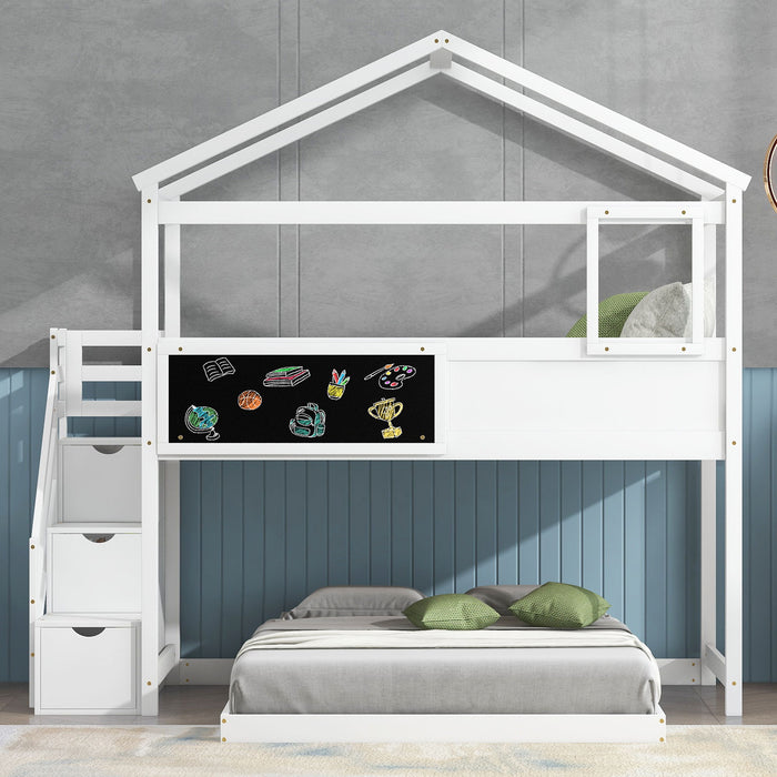 House Style Bunk Bed With Storage Staircase And Blackboard