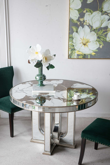 Round Dining Table With Elegant Floral Design And Mirrored - Silver Multi