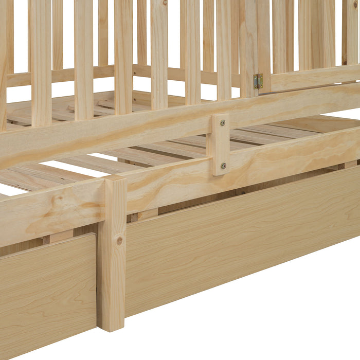 Daybed With Fence Guardrails And 2 Drawers, Split Into Independent Floor Bed & Daybed