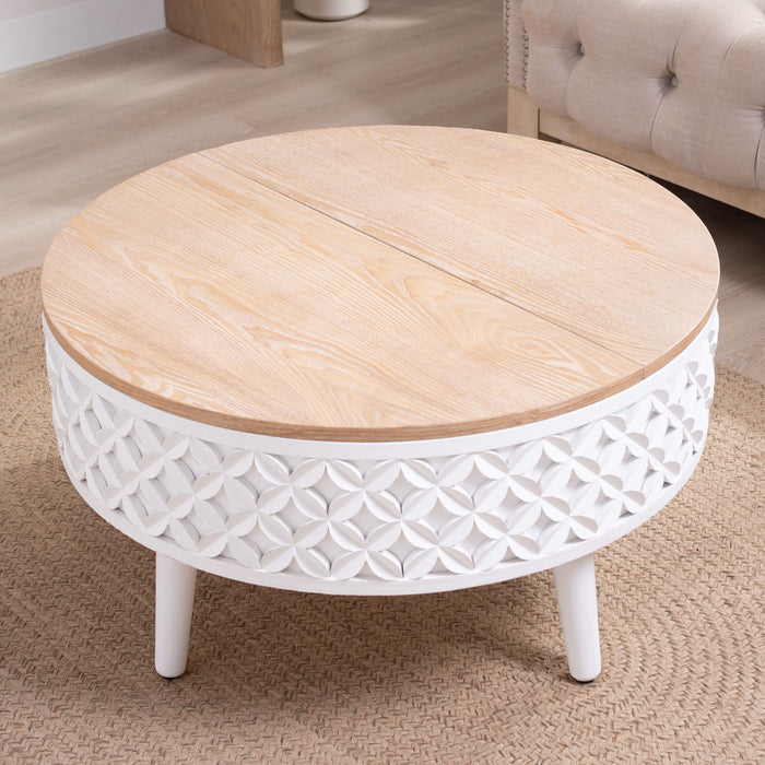 Round Coffee Table With Storage - White / Light Oak