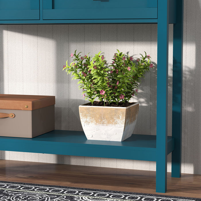 Farmhouse Style Console Table With 2 Drawers And Bottom Storage Shelf