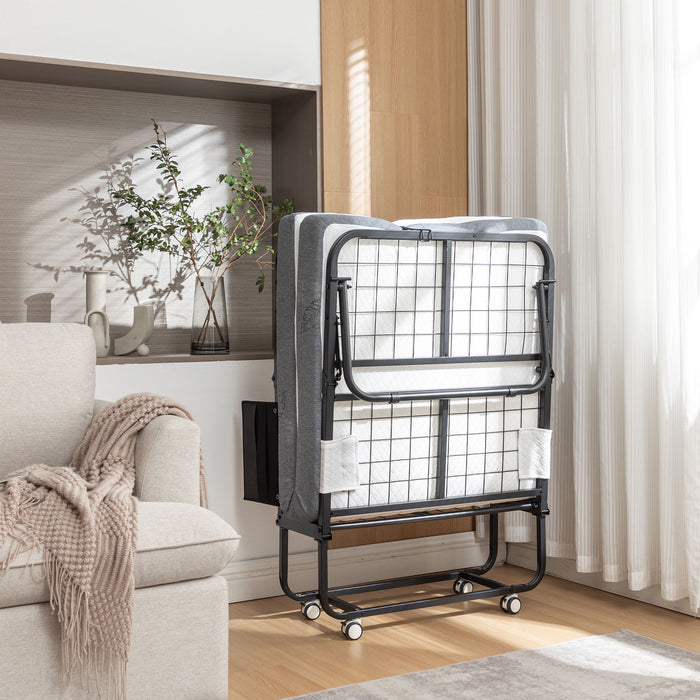 Foldable Metal Frame Bed For Guest With Memory Foam Mattress On Wheels, Saving Space Rollaway Bed