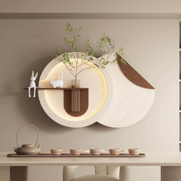 Adjustable 3 Color LED Sandstone Double Disc Wall Art With Simulated Greenery, Vase & Rabbit Statue - Light Coffee