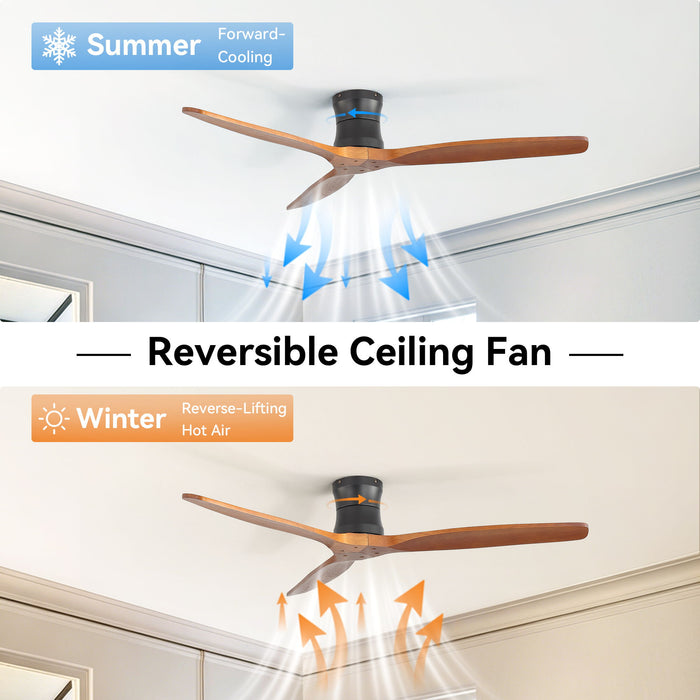 52" Ceiling Fan, No Light Flush Mount Low Profile 3 Blades With Remote Control