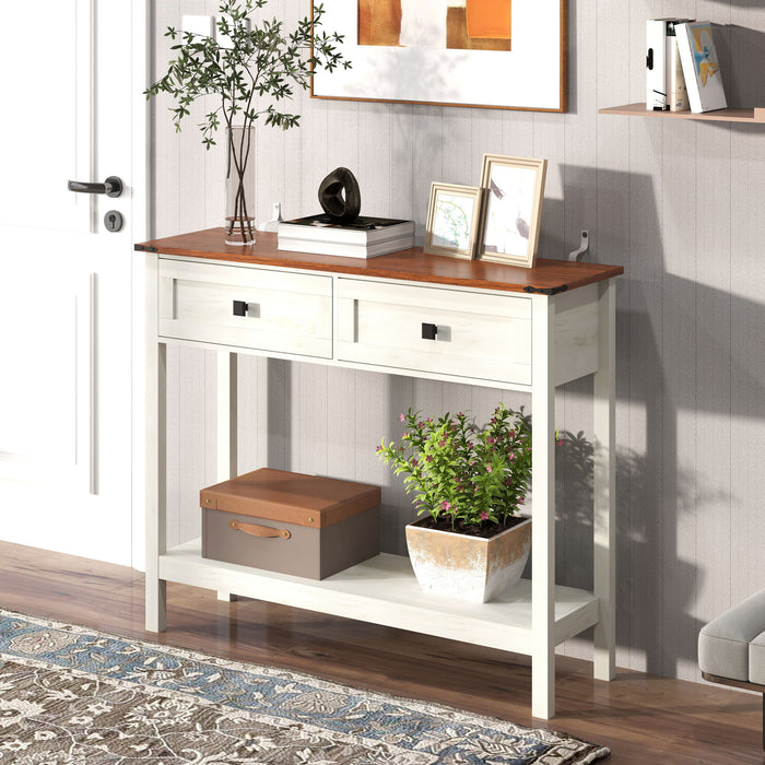 Farmhouse Style Console Table With 2 Drawers And Bottom Storage Shelf