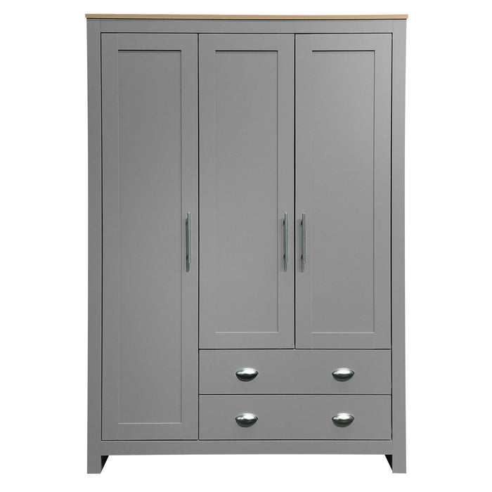 3 Door Storage Wardrobe With Cabinets And 2 Hanging Rods - Gray