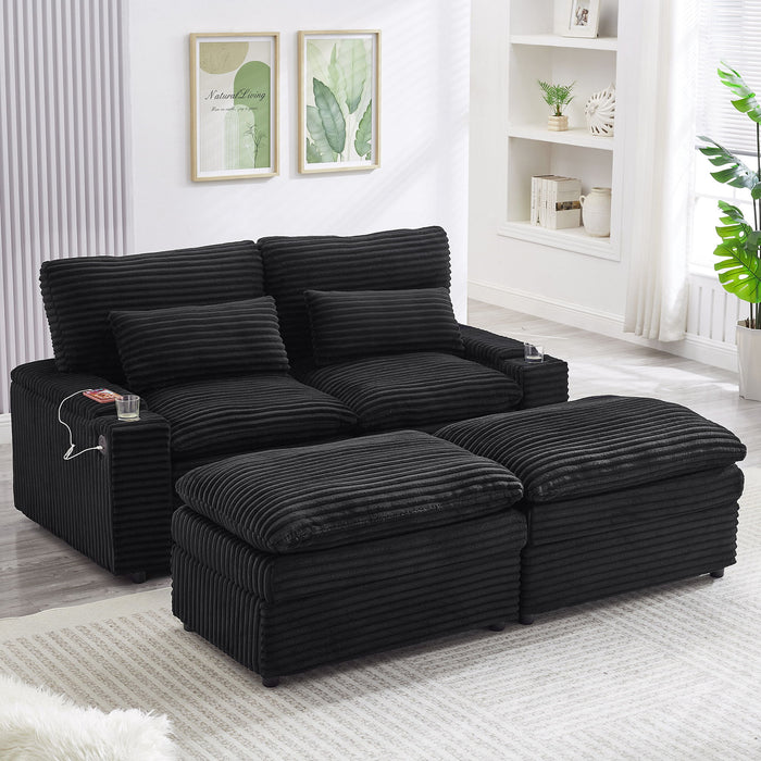 Convertible Loveseat Sofa With Storage, USB Ports, Cup Holders - Black