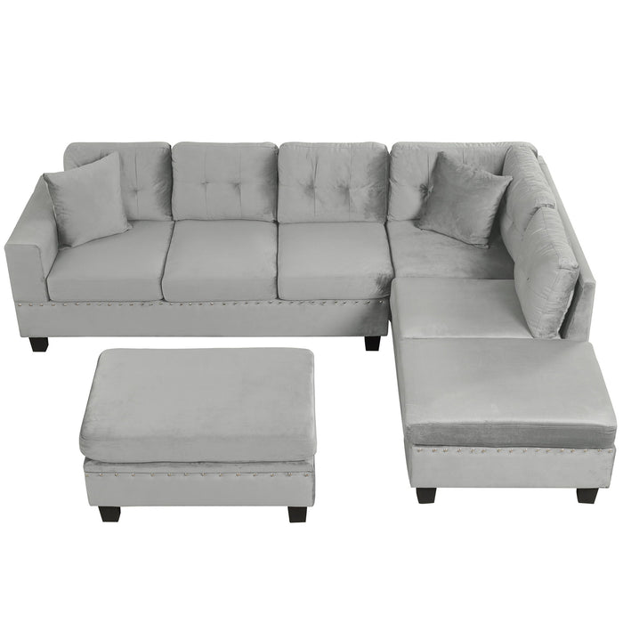 Modern Sectional Sofa With Storage Ottoman, L - Shape Couch With 2 Pillows And Cup Holders