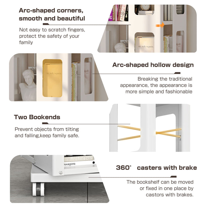 4 Tier All Steel Rotating Bookshelf With 360° Wheels, Large Size Sturdy & Spacious Book Rack, New Style Bookshelf - White