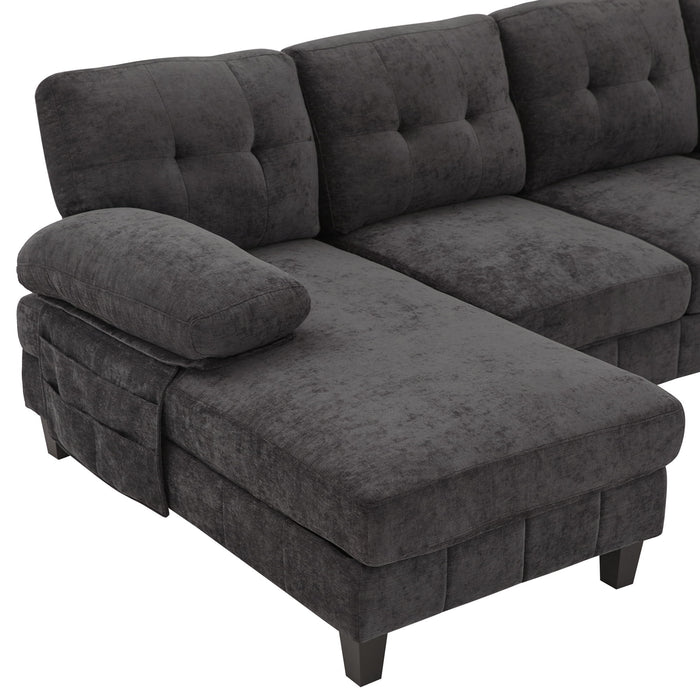U-Shaped Sectional Sofa 103.5" Black Chenille Fabric Couch With Dual Chaise Lounges, Storage Pockets, Armrest Pillows