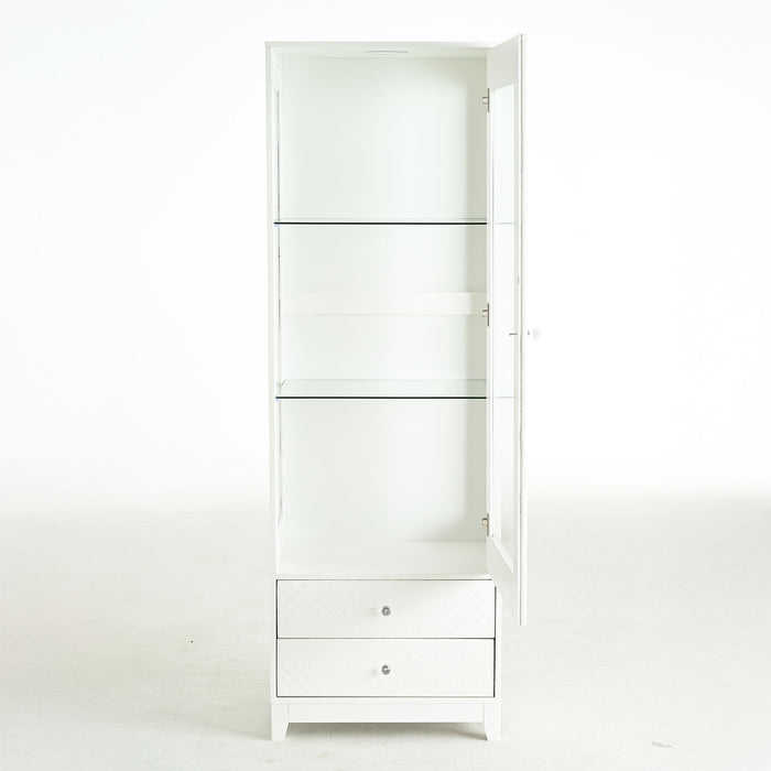 Modern Upholstered Glass Display Cabinet With Adjustable LED Light - White