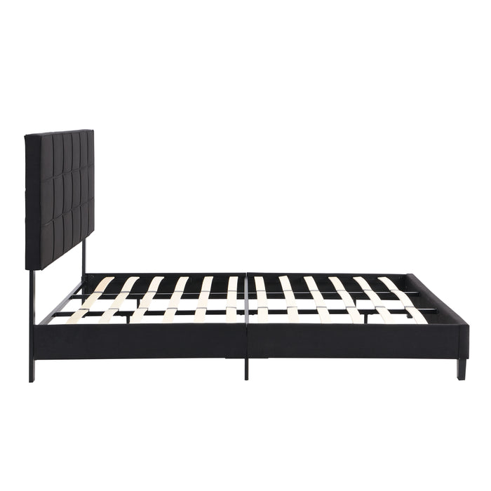 King Size Upholstered Platform Bed Frame With Linen Fabric Headboard, No Box Spring Needed, Wood Slat Support, Black