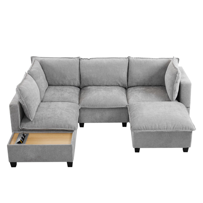 U-Shaped Sectional Modular Sofa With A Movable Ottoman, A Coffee Table With Hidden Charging Devices For Living Room