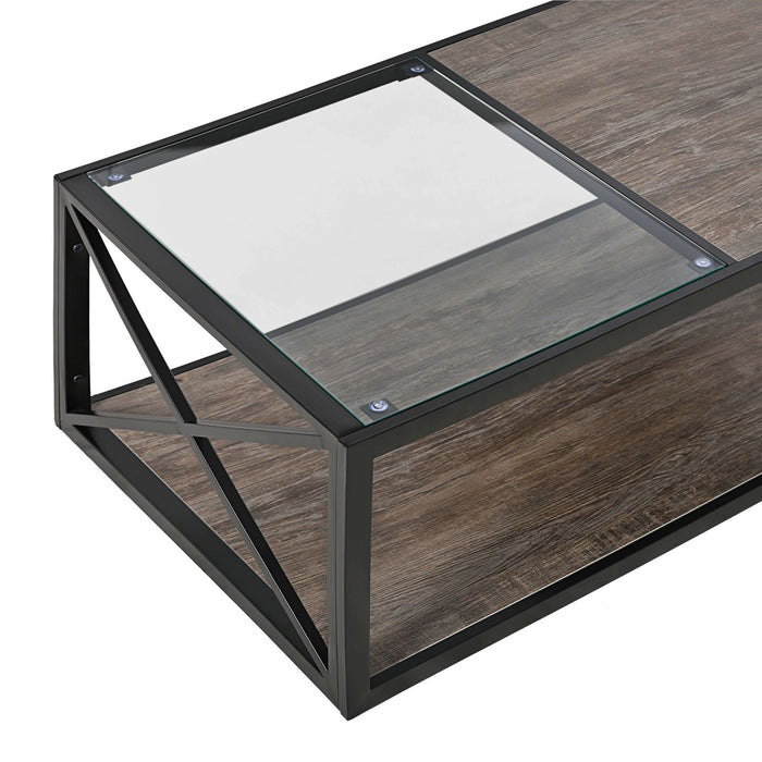 Industrial Style Coffee Table For Bedroom & Living Room With Tempered Glass & Wood Grain - Wood