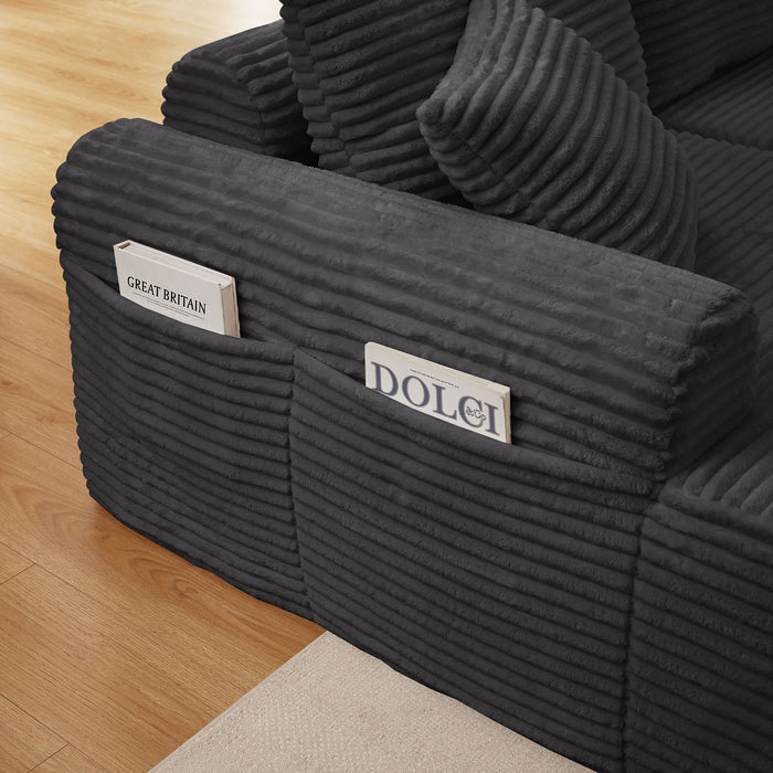 Modular Corduroy Sectional With Arched Armrests, Includes 3 Back Cushions & 2 Throw Pillows