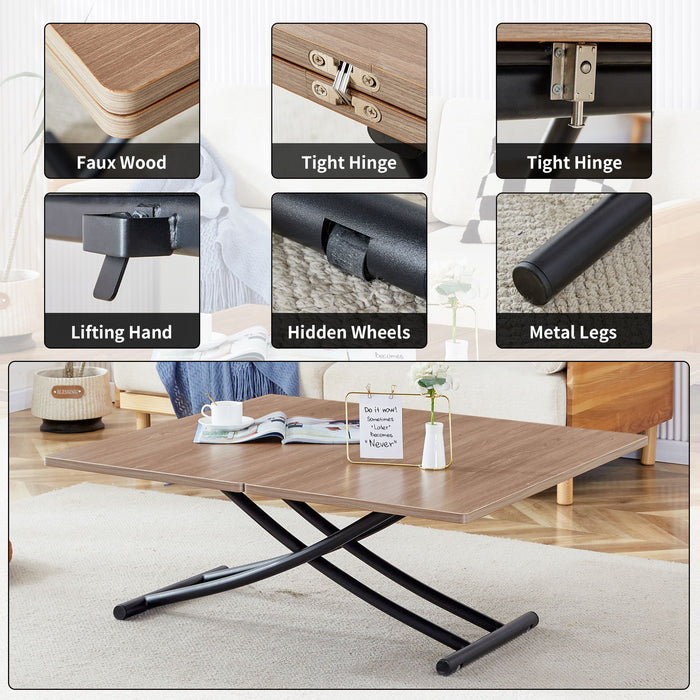 Modern Minimalist Multifunctional Lifting Table, 0.8" Wood Grain Cra Feet Sticker Desktop, Black Metal Legs & 4 Upholstered Dining Chairs With Black Metal Legs