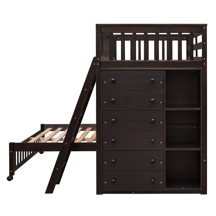 Bunk Bed With 6 Drawers And Flexible Shelves, Bottom Bed With Wheels
