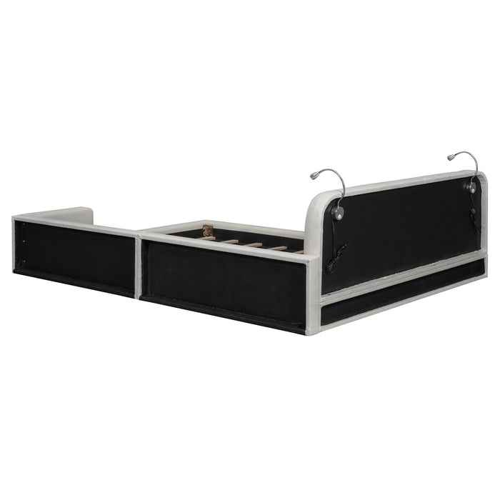 Queen Size Upholstered Platform Bed With 2 Reading Lights - White