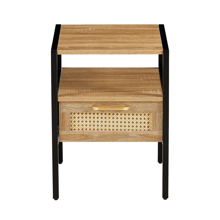 Rattan End Table With Drawer, Modern Nightstand, Metal Legs, Side Table For Living Room, Bedroom, Natural