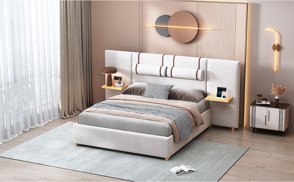 Upholstered Platform Bed, 2 Outlets And USB Charging Ports On Both Sides, 2 Bedside Pillows, Storage Shelves