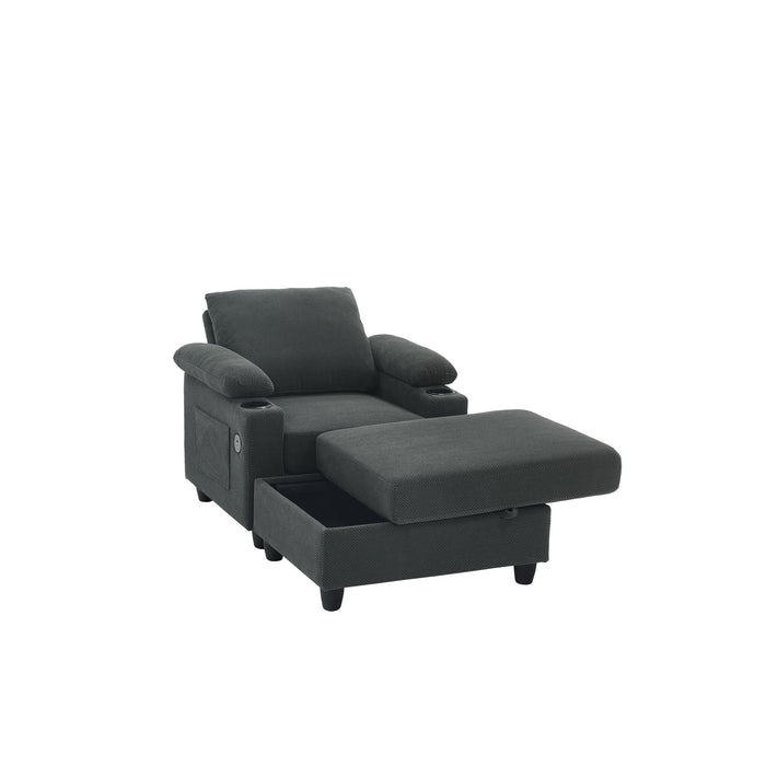Accent Chair With Storage Ottoman, Reclining Single Chaise Lounge With Cupholders And USB, C Ports