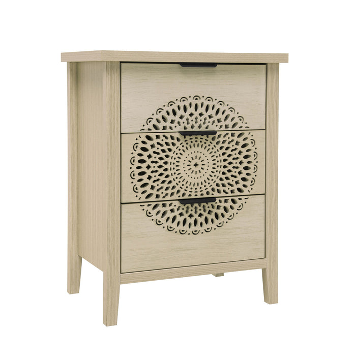 Hollow Carved 3 Drawer Cabinet Dresser Storage Chest With Metal Handles For Living Room Bedroom - Natural