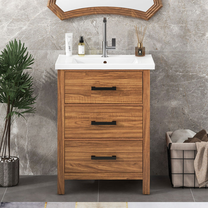 24'' Bathroom Vanity With Basin Sink, 3 Drawer Storage Cabinet - Natural Wood