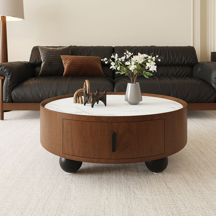Round Coffee Table With Ball Feet, Pull Handle Storage Drawer - Bouguer Walnut / Brown