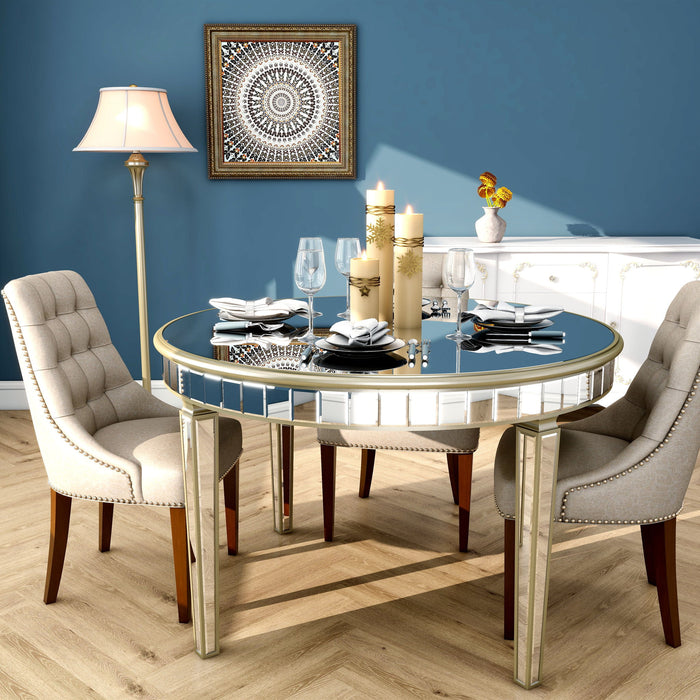 Round Glass Dining Table With Mirror Top - Silver