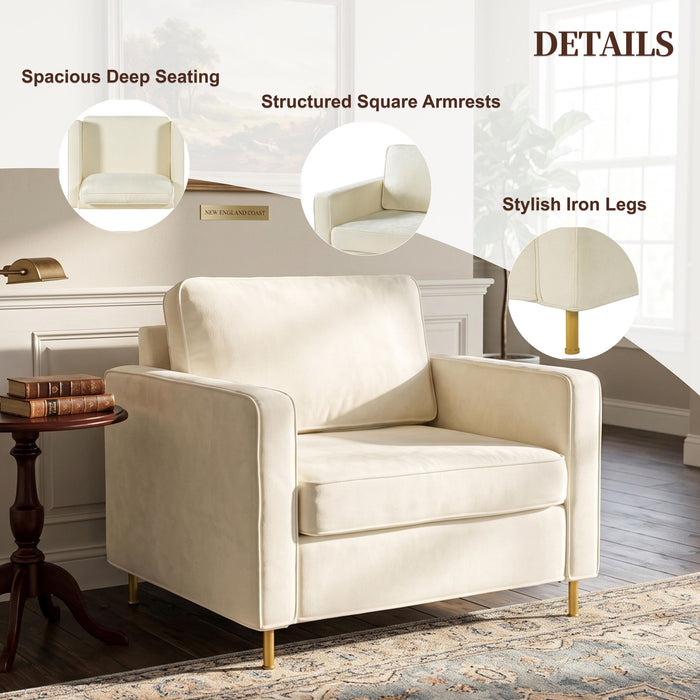 Accent Chair Upholstered Single Sofa With Square Arms, Sewn Pillow Back For Living Room