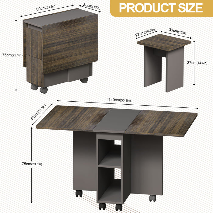 Contemporary 5 Piece Folding Extendable Dining Table Set With Chairs For 4 - Brown