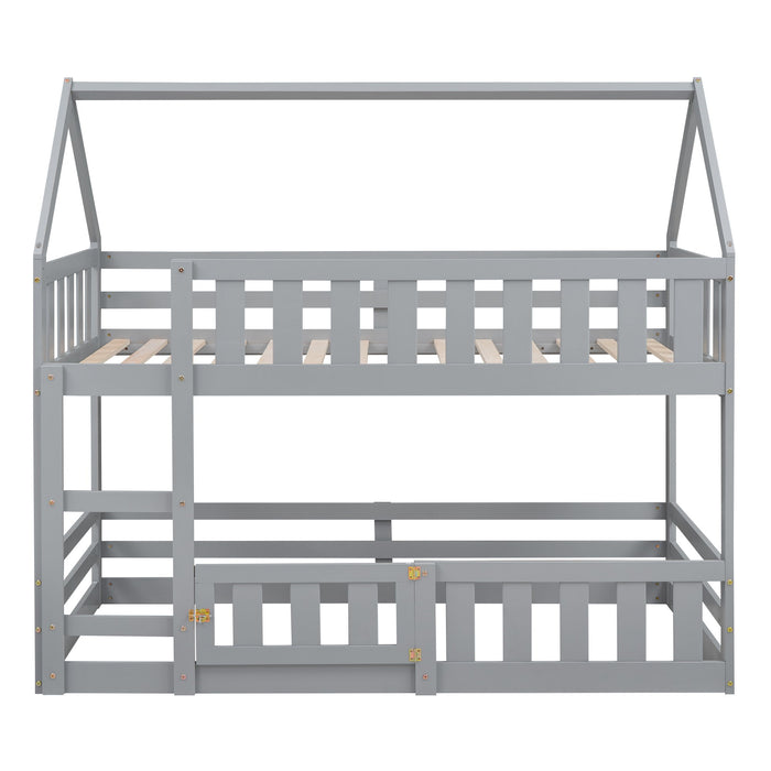 Twin Over Twin House Bunk Bed With Fence And Door