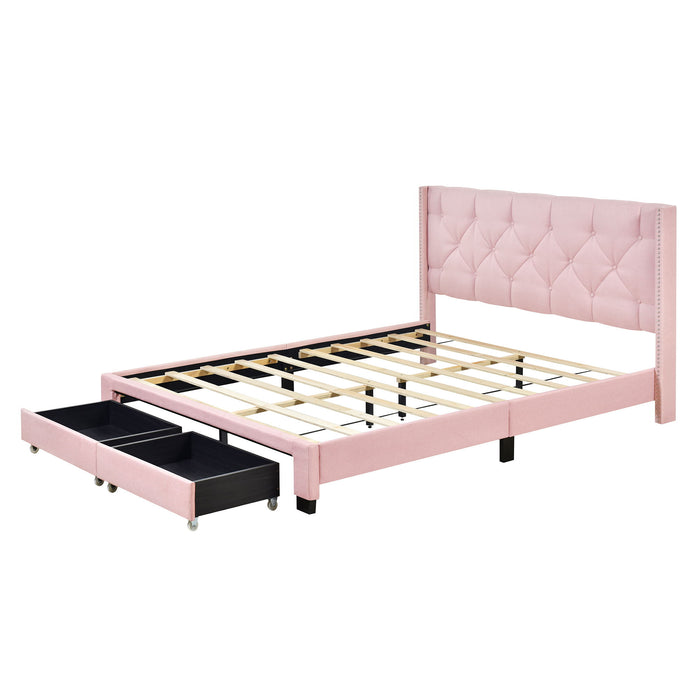 Queen Size Storage Bed Linen Upholstered Platform Bed & Two Drawers - Pink