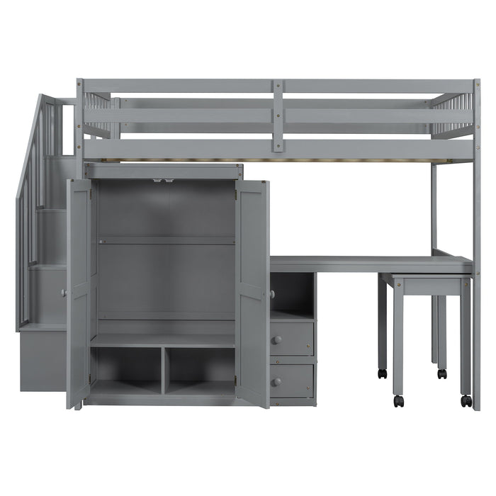 Loft Bed With Stairs, Bookshelf, Drawers, Desk & Wardrobe, Space Saving Multifunctional Furniture
