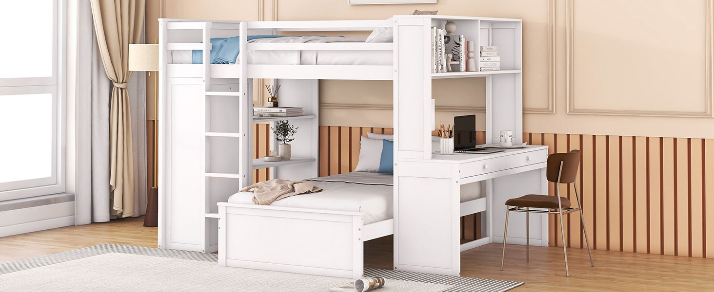 Loft Bed With A Twin Size Standalone Bed, Shelves, Desk, And Wardrobe