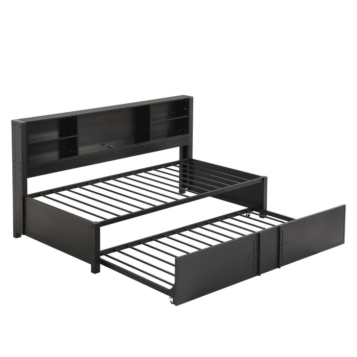 Industrial Metal Daybed With Trundle, Storage Shelves, USB Ports