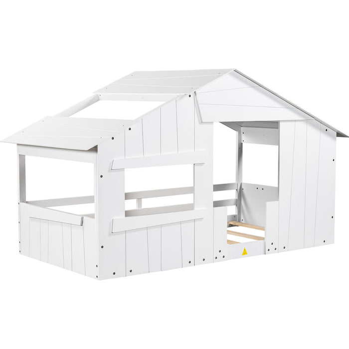 Wood Twin Size House Bed With Roof, Window And Guardrail, White