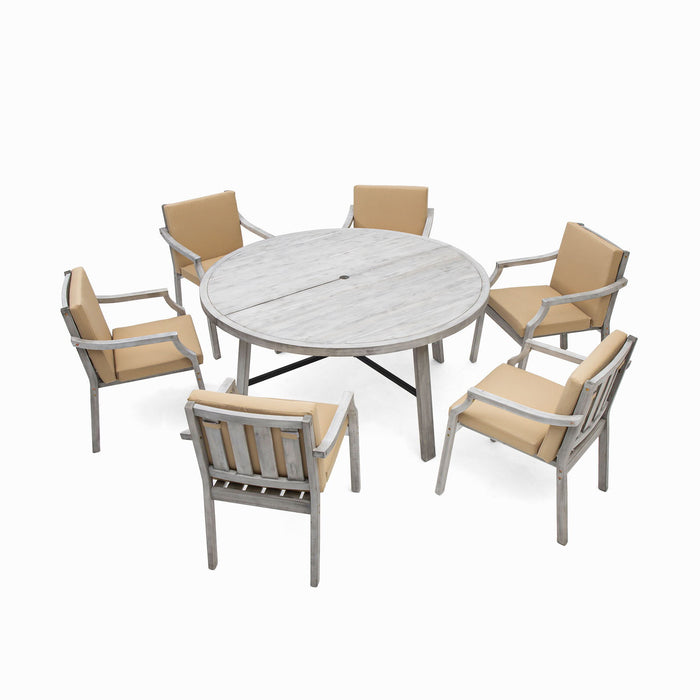 6 Person Outdoor Wooden Dining Set With Umbrella Hole And Removable Cushions For Patio - Gray