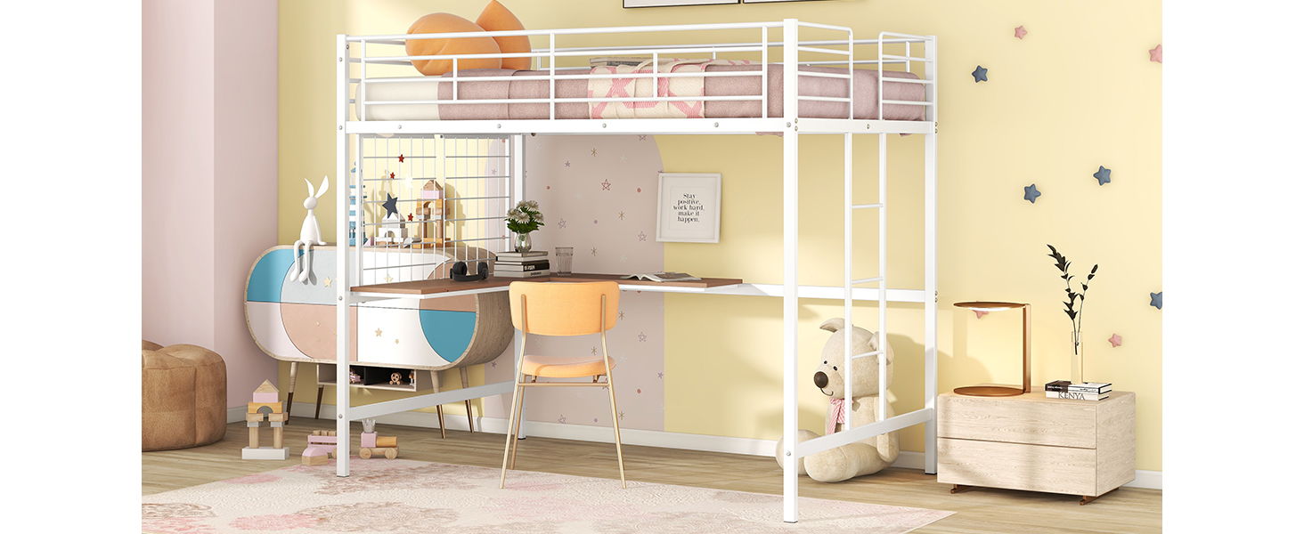 Full Loft Bed With Desk And Grid - White