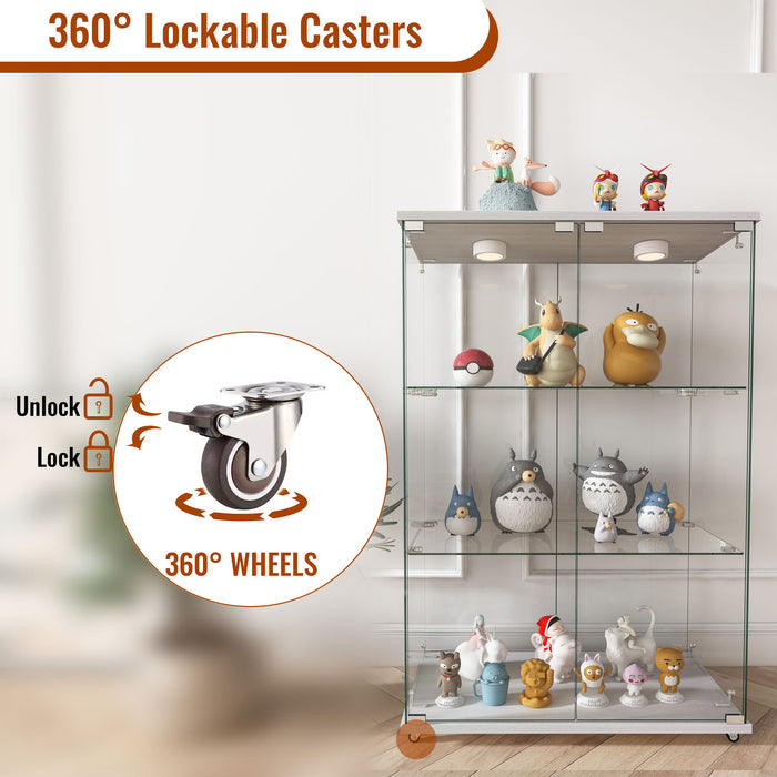 Modern Display Cabinet With LED Lights, Transparent Tempered Glass 2 Door Storage Case With 3 Shelves