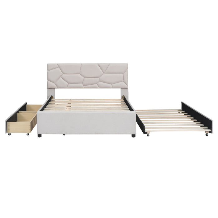 Upholstered Platform Bed With Brick Pattern Headboard And Twin Long Size Trundle
